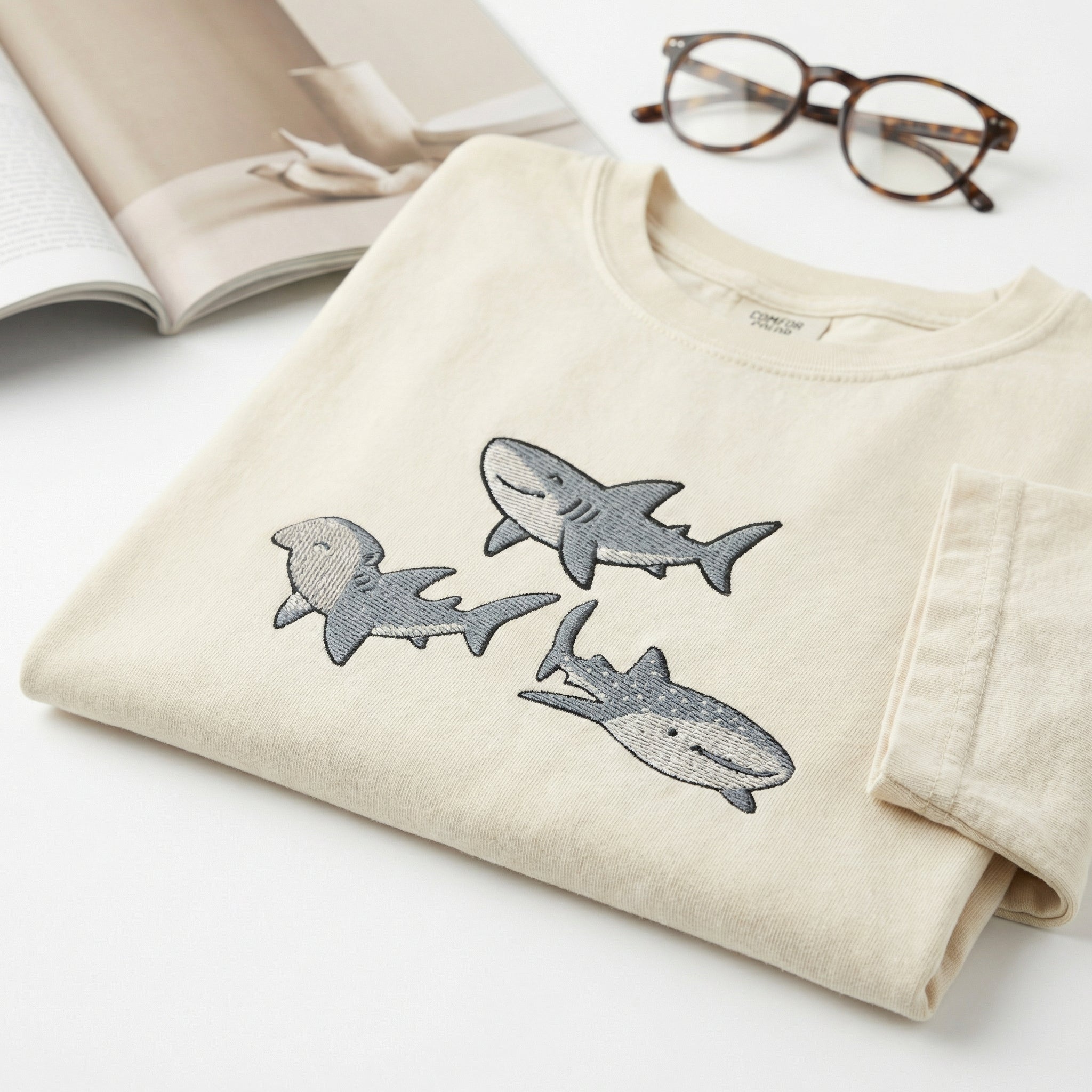 Sharks Custom Embroidered T-Shirt - Cute Ocean Animal Marine Life Gift