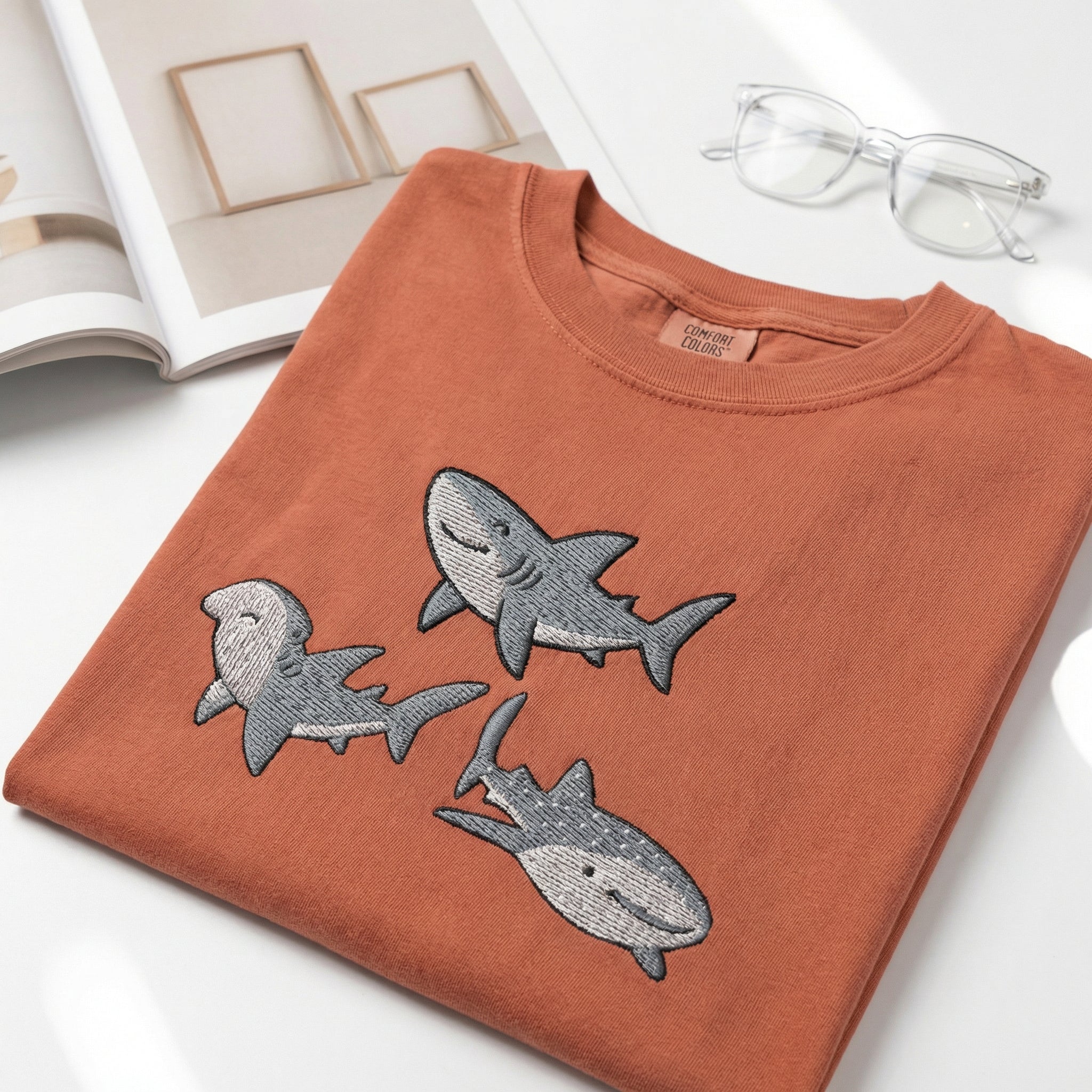 Sharks Custom Embroidered T-Shirt - Cute Ocean Animal Marine Life Gift
