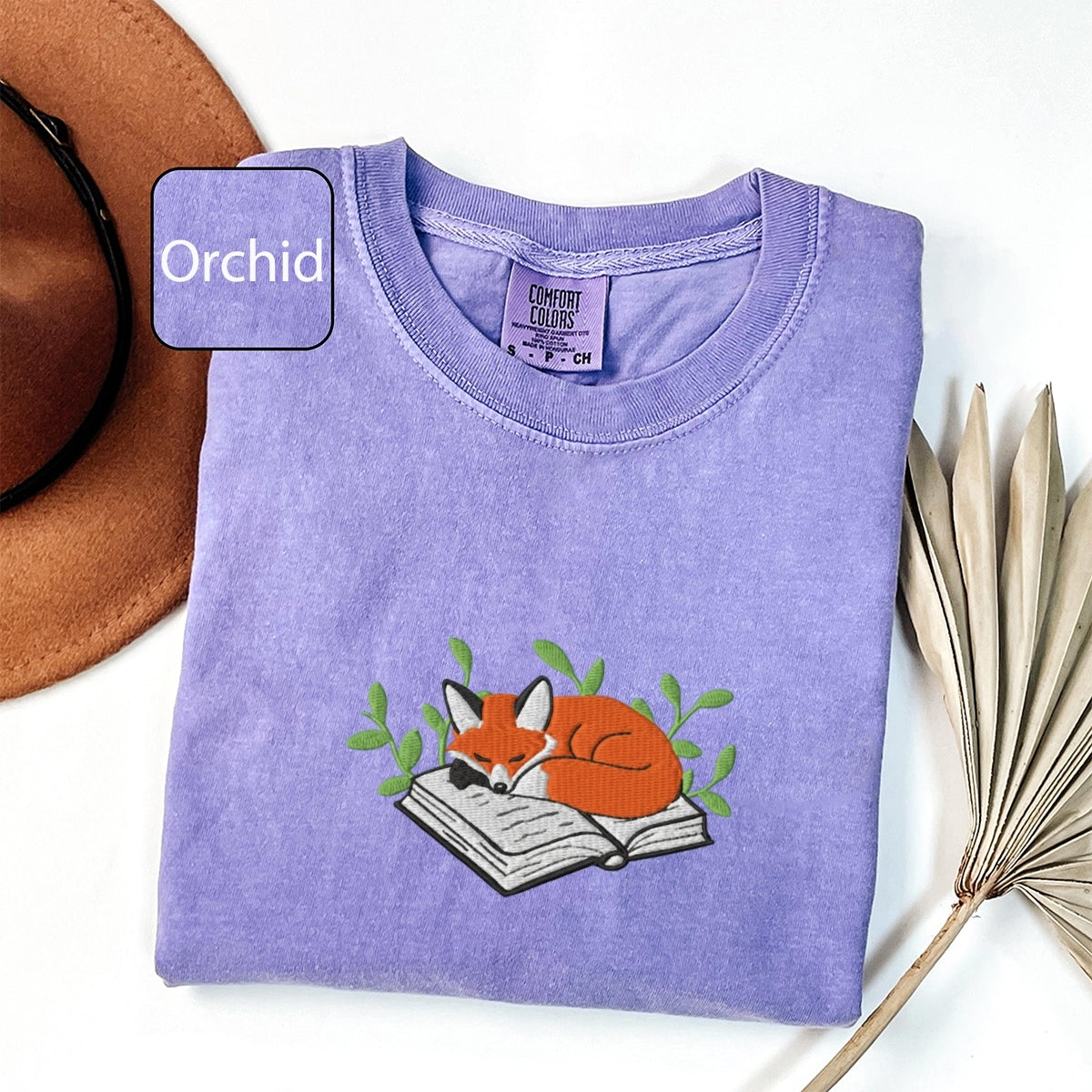 Sleeping Fox on a Book Custom Embroidered T-Shirt - Cozy Reading Gift