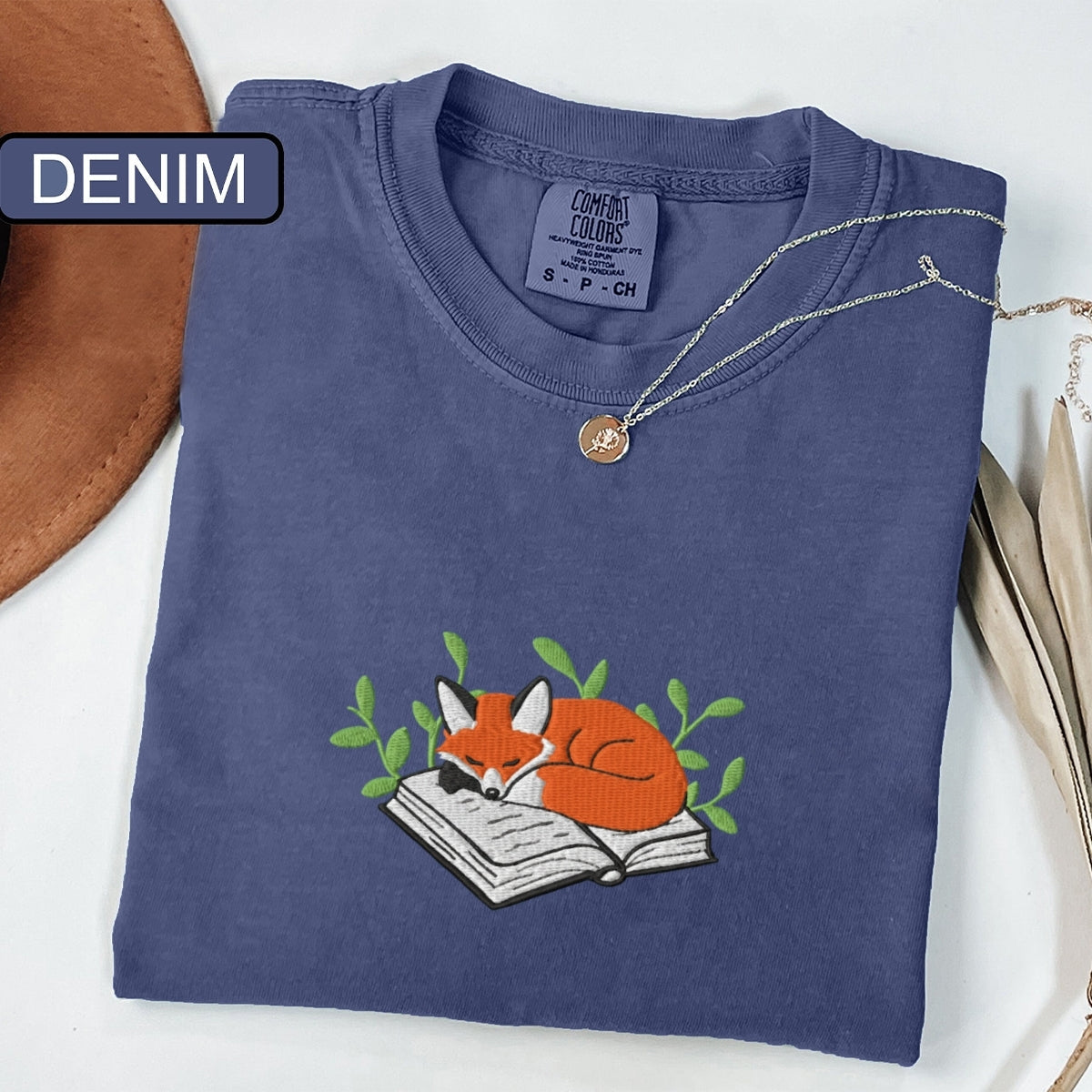 Sleeping Fox on a Book Custom Embroidered T-Shirt - Cozy Reading Gift