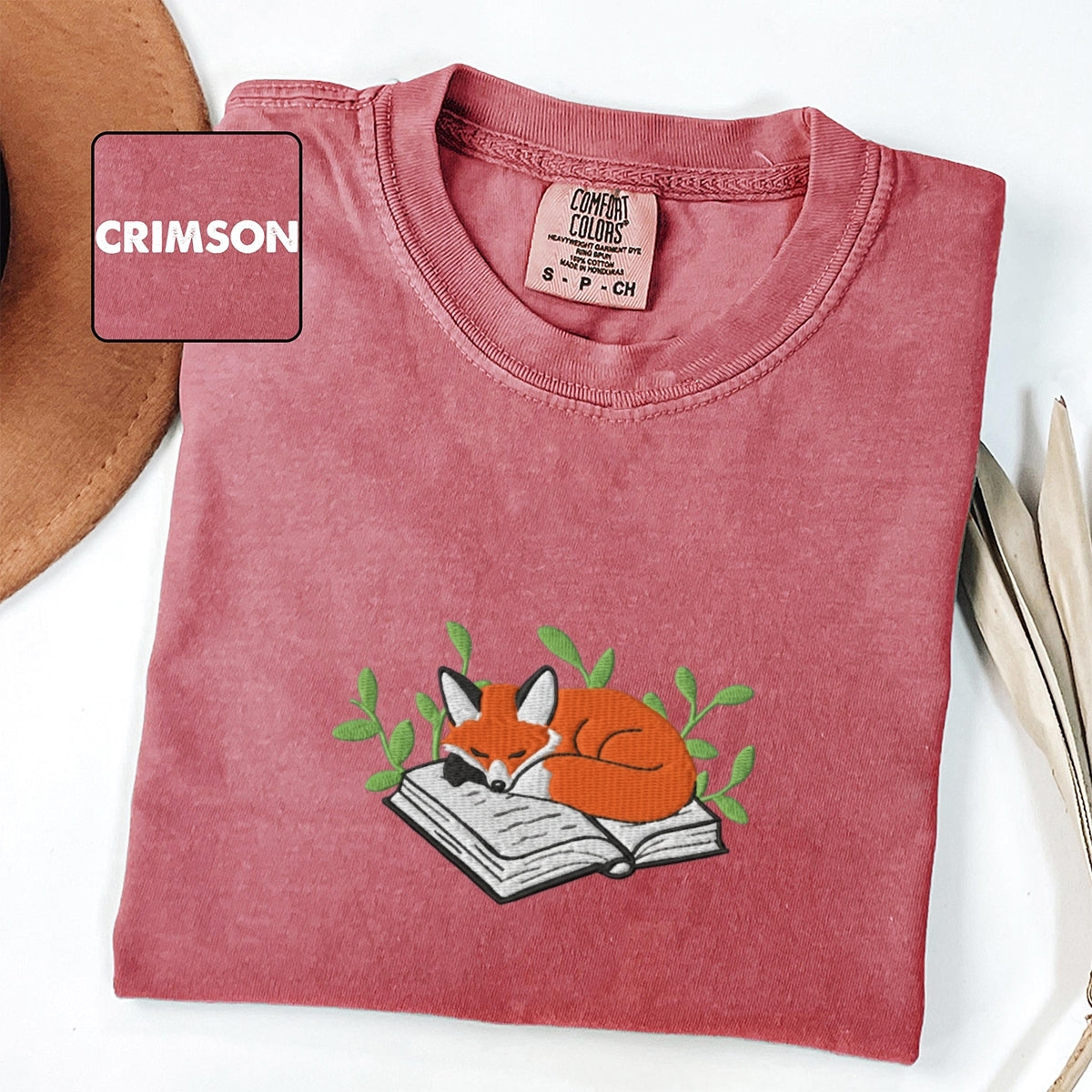 Sleeping Fox on a Book Custom Embroidered T-Shirt - Cozy Reading Gift