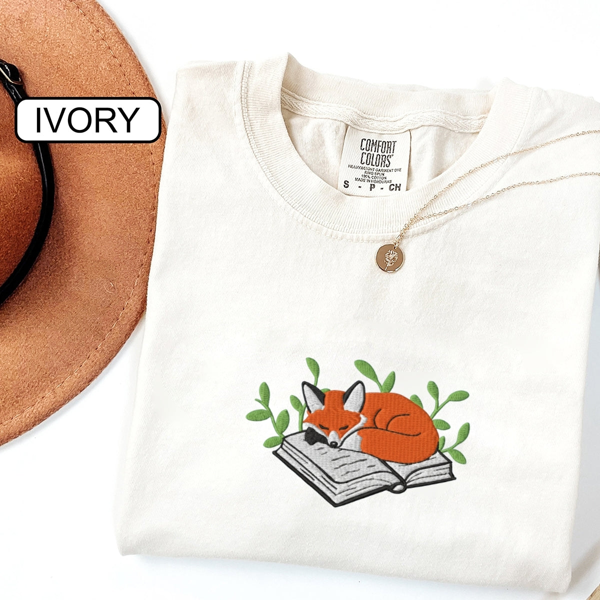 Sleeping Fox on a Book Custom Embroidered T-Shirt - Cozy Reading Gift