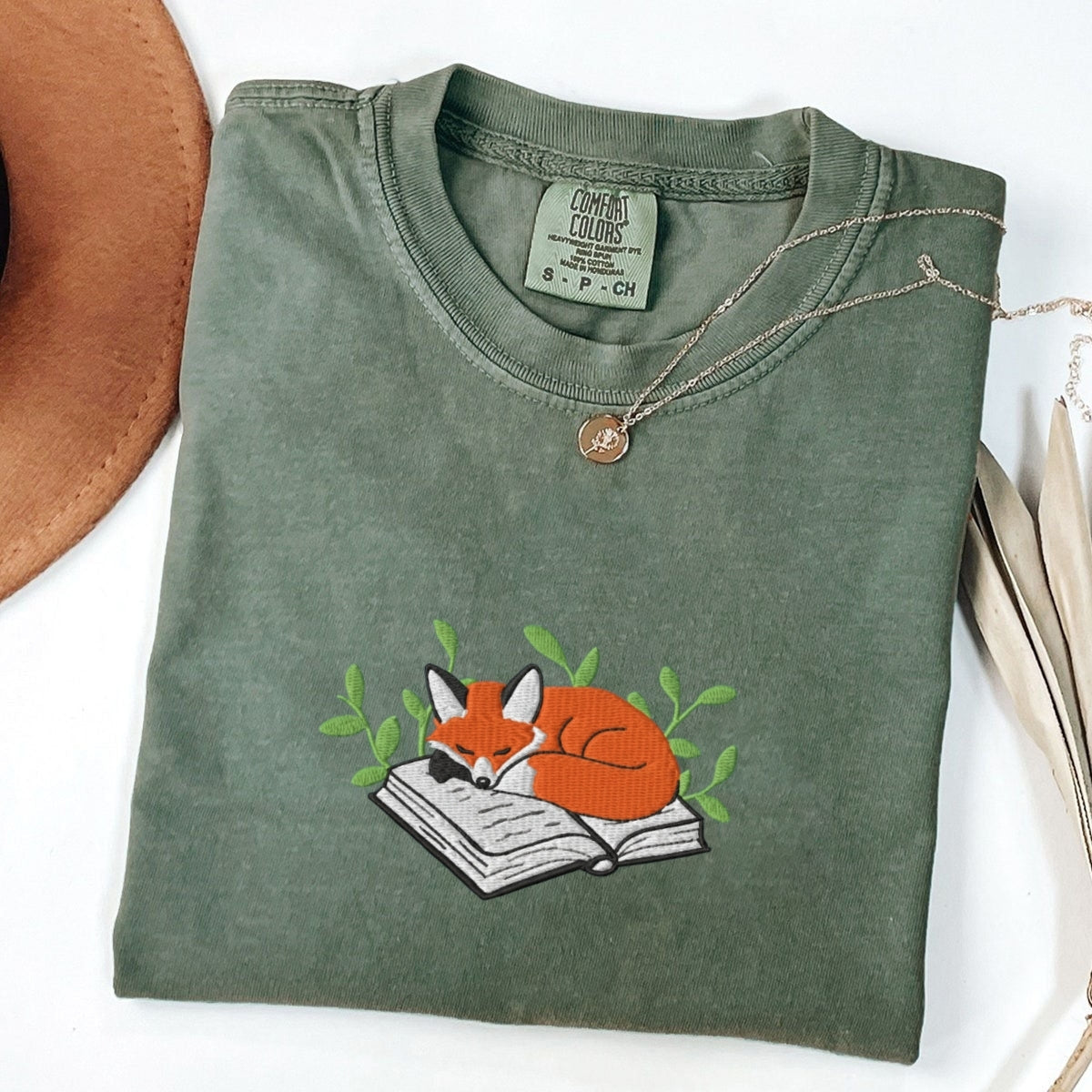 Sleeping Fox on a Book Custom Embroidered T-Shirt - Cozy Reading Gift
