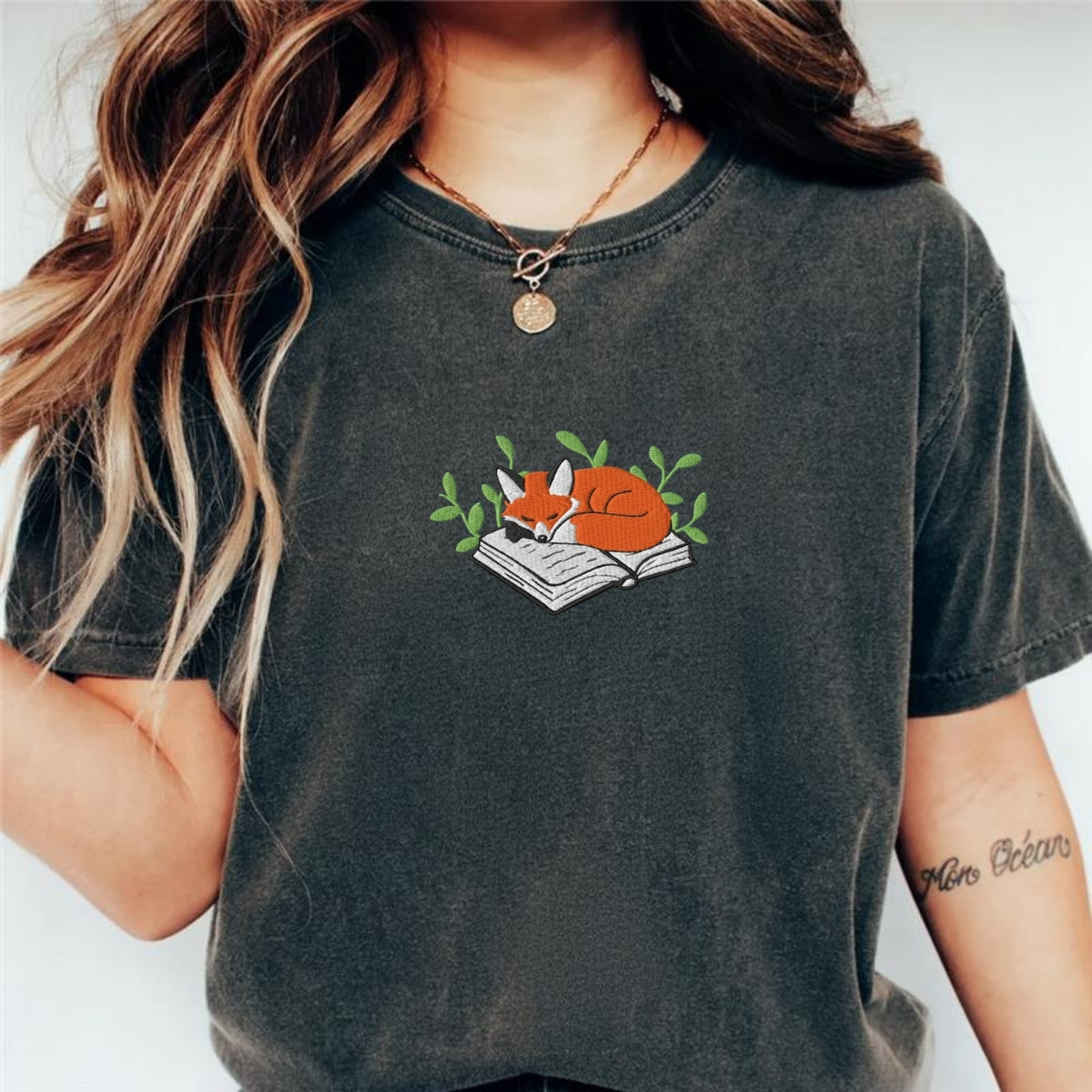 Sleeping Fox on a Book Custom Embroidered T-Shirt - Cozy Reading Gift