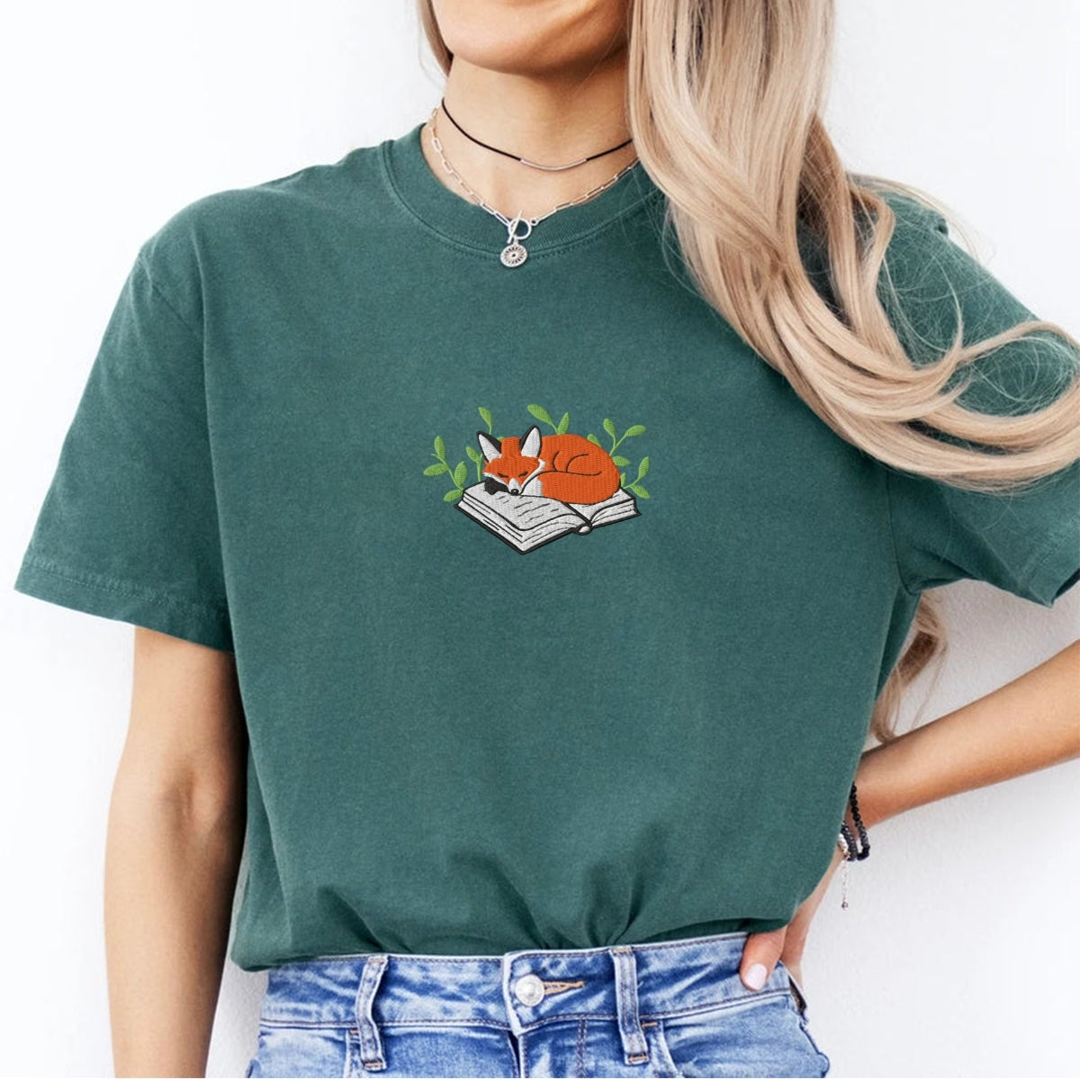 Sleeping Fox on a Book Custom Embroidered T-Shirt - Cozy Reading Gift
