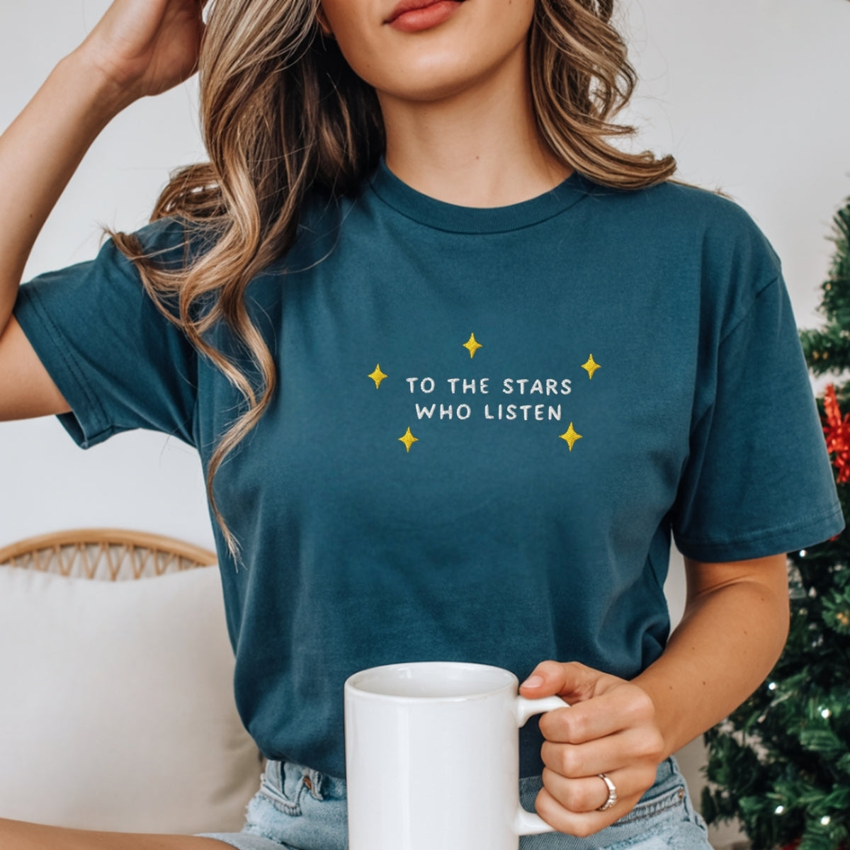 Stars Who Listen' Custom Embroidered T-Shirt - Personalized Cozy Bookish Tee