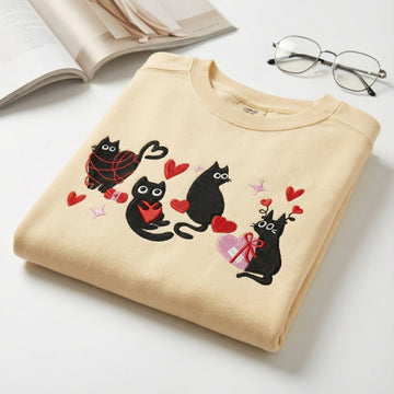 Valentine Cat Lover Custom Embroidered T-Shirt - Personalized Heart Love Cat Gift