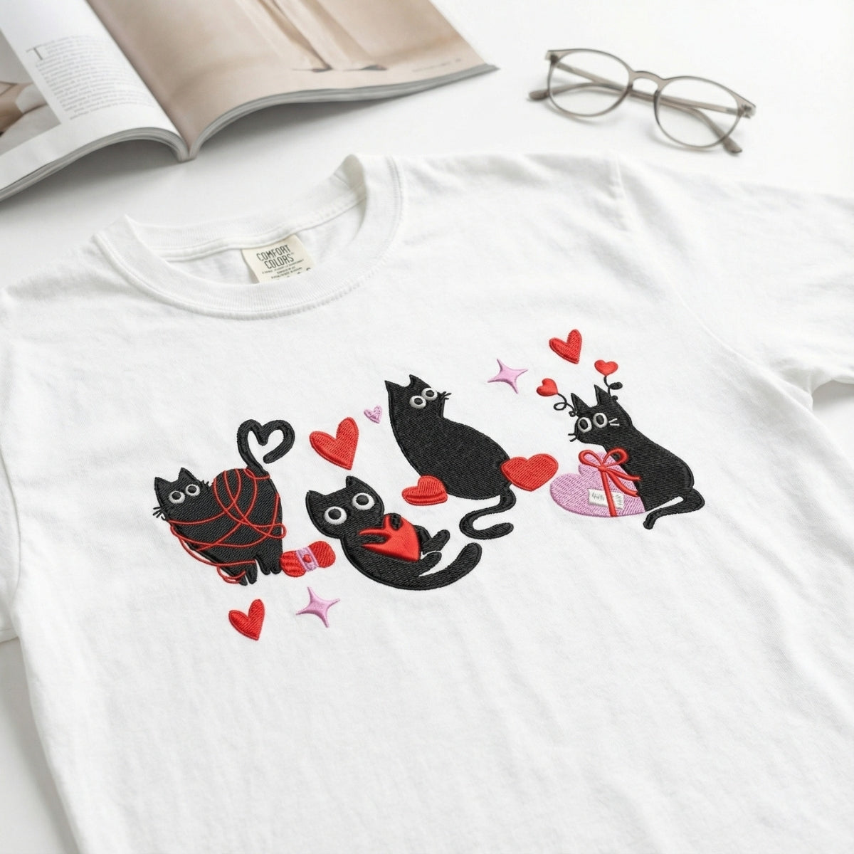 Valentine Cat Lover Custom Embroidered T-Shirt - Personalized Heart Love Cat Gift