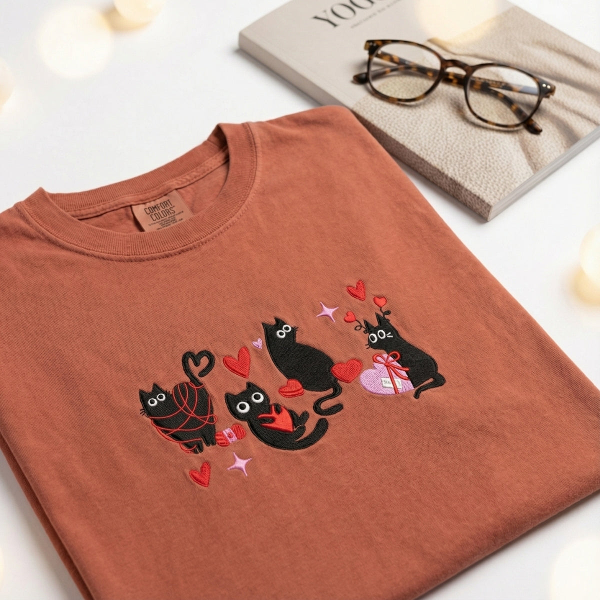 Valentine Cat Lover Custom Embroidered T-Shirt - Personalized Heart Love Cat Gift