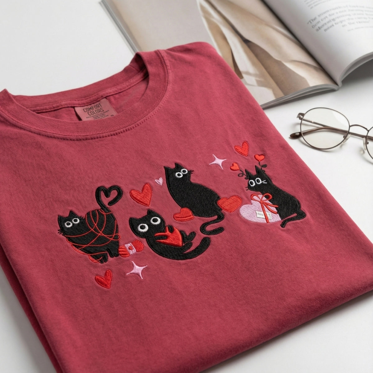 Valentine Cat Lover Custom Embroidered T-Shirt - Personalized Heart Love Cat Gift