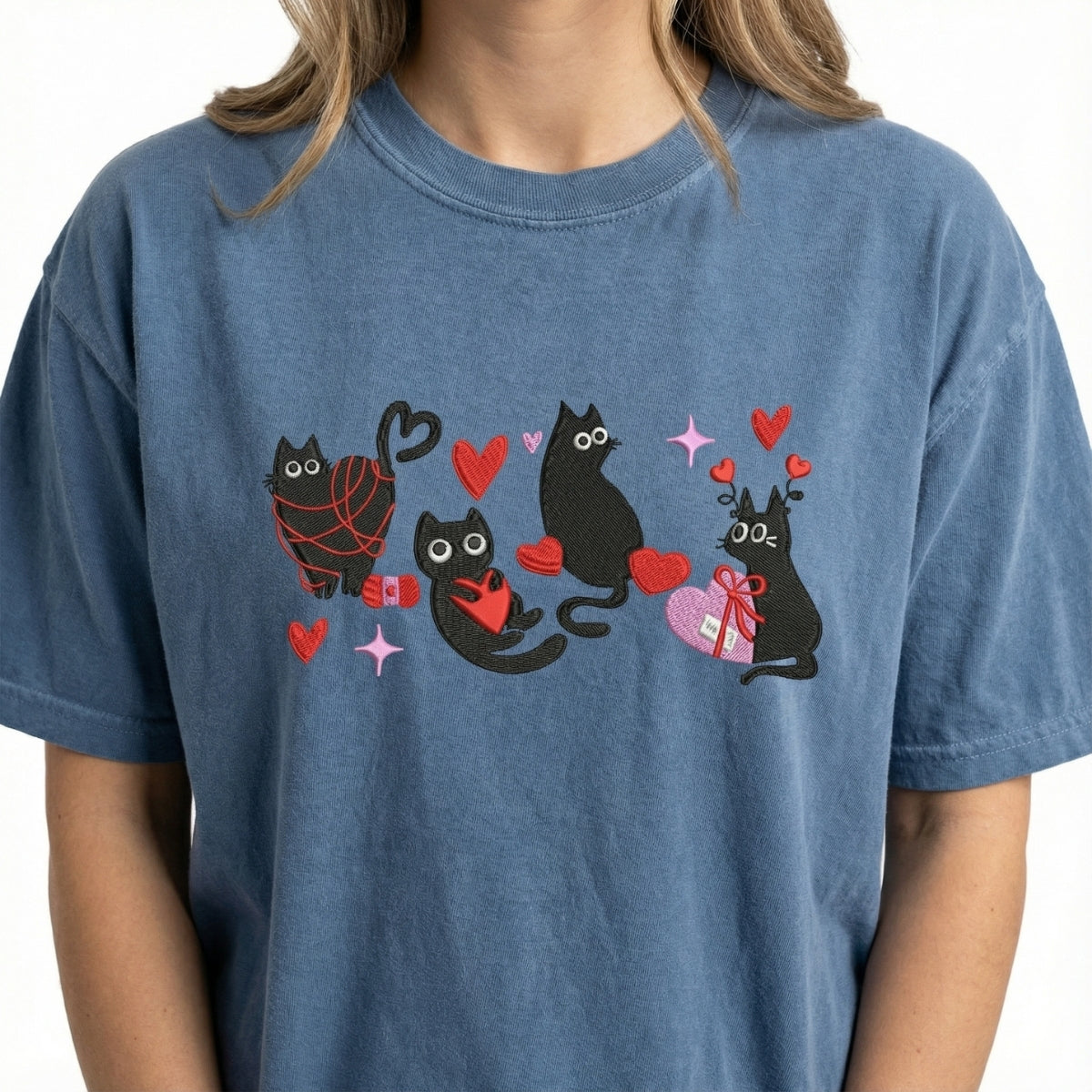 Valentine Cat Lover Custom Embroidered T-Shirt - Personalized Heart Love Cat Gift