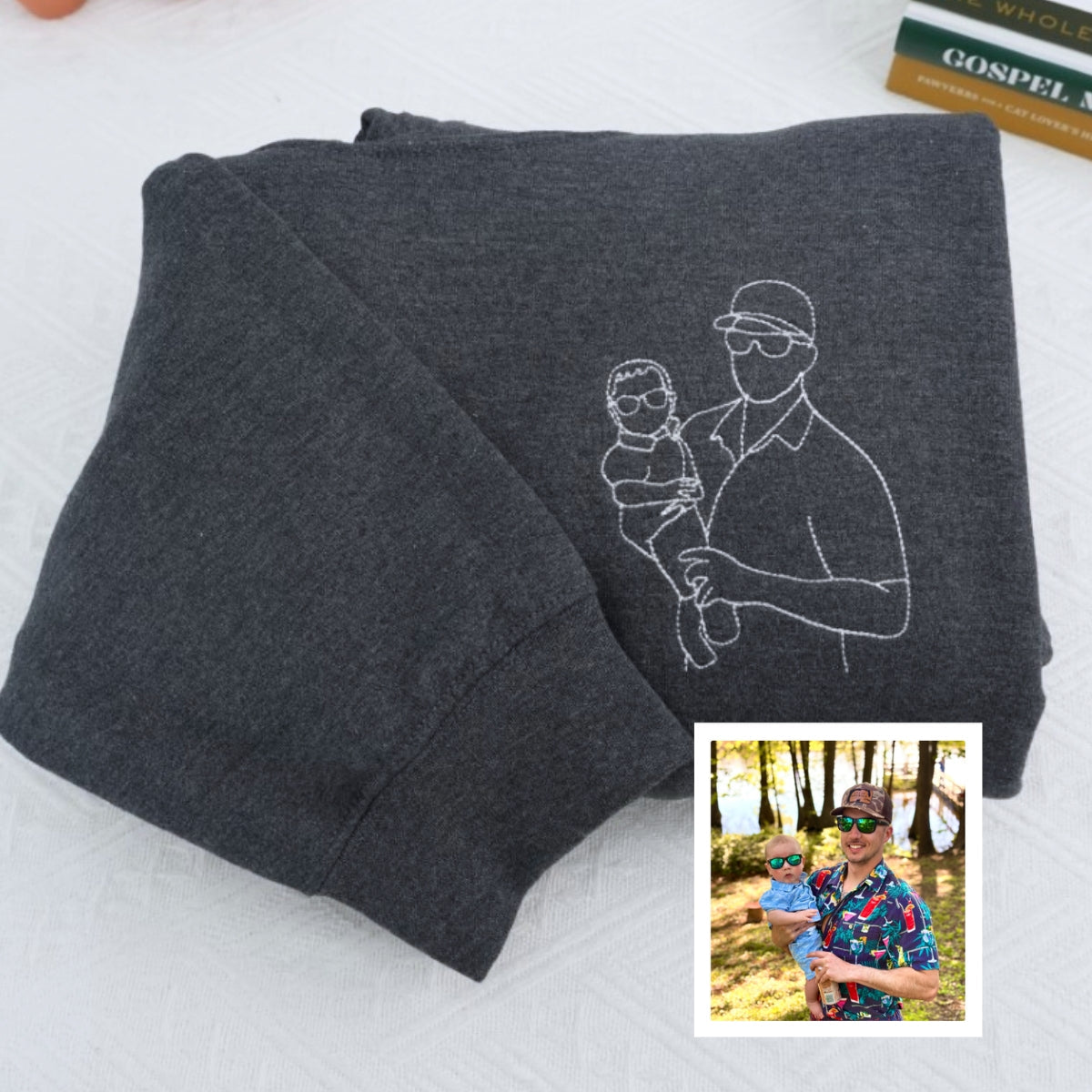Father & Child Line Art Custom Embroidered Sweatshirt - Personalized Dad Hoodie - Father's Day Gift