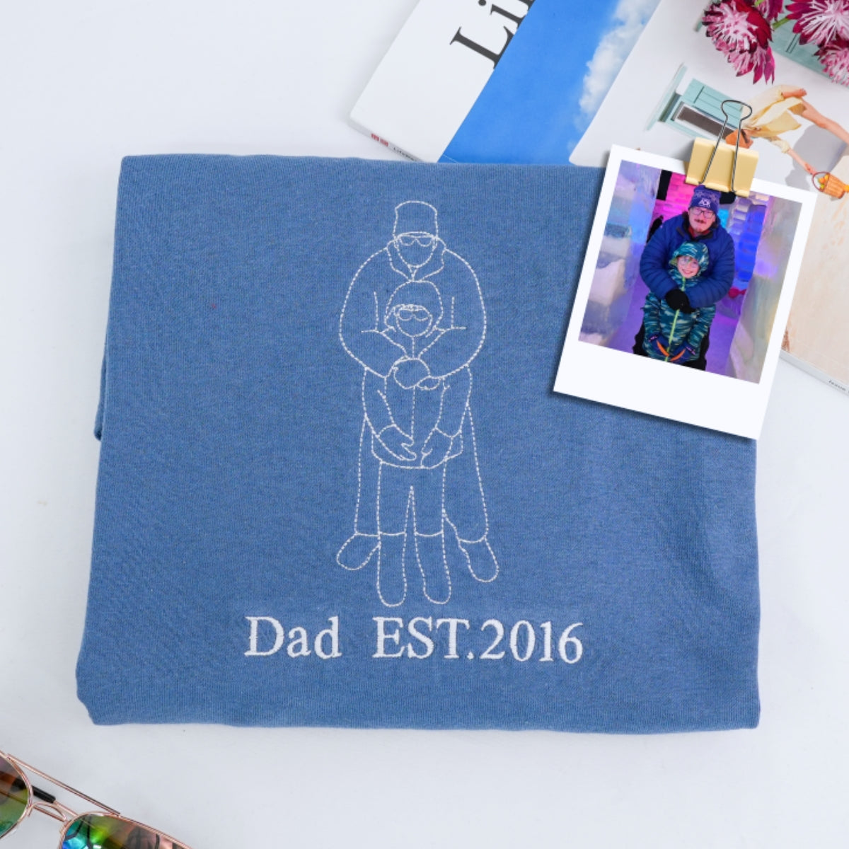 Father & Child Line Art Custom Embroidered Sweatshirt - Personalized Dad Hoodie - Father's Day Gift