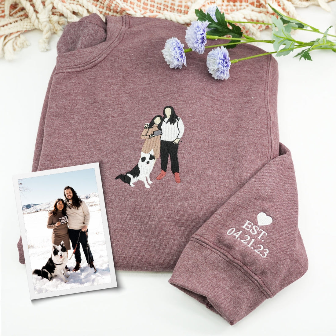 Couple Portrait Custom Embroidered Hoodie - Personalized Photo Sweatshirt - Anniversary Gift