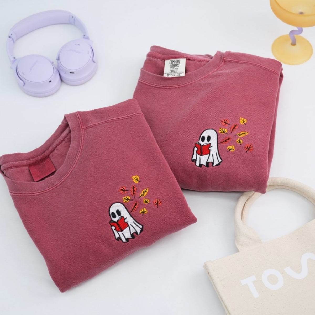 Ghost Reading Book Custom Embroidered Sweatshirt - Halloween Apparel - Book Lover Gift
