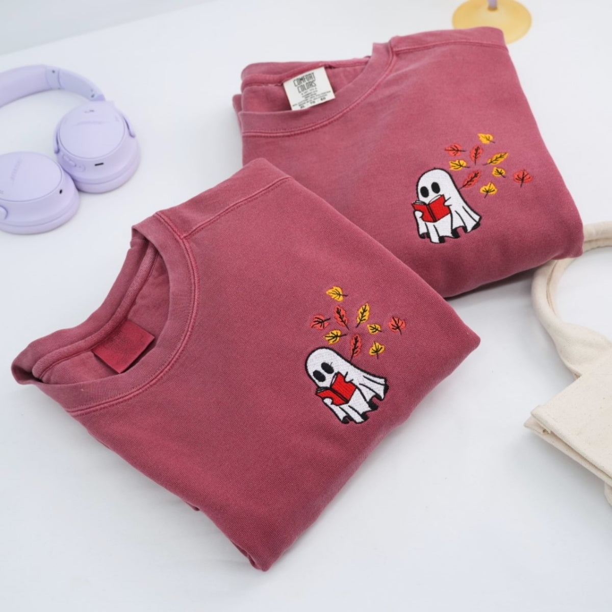 Ghost Reading Book Custom Embroidered Sweatshirt - Halloween Apparel - Book Lover Gift