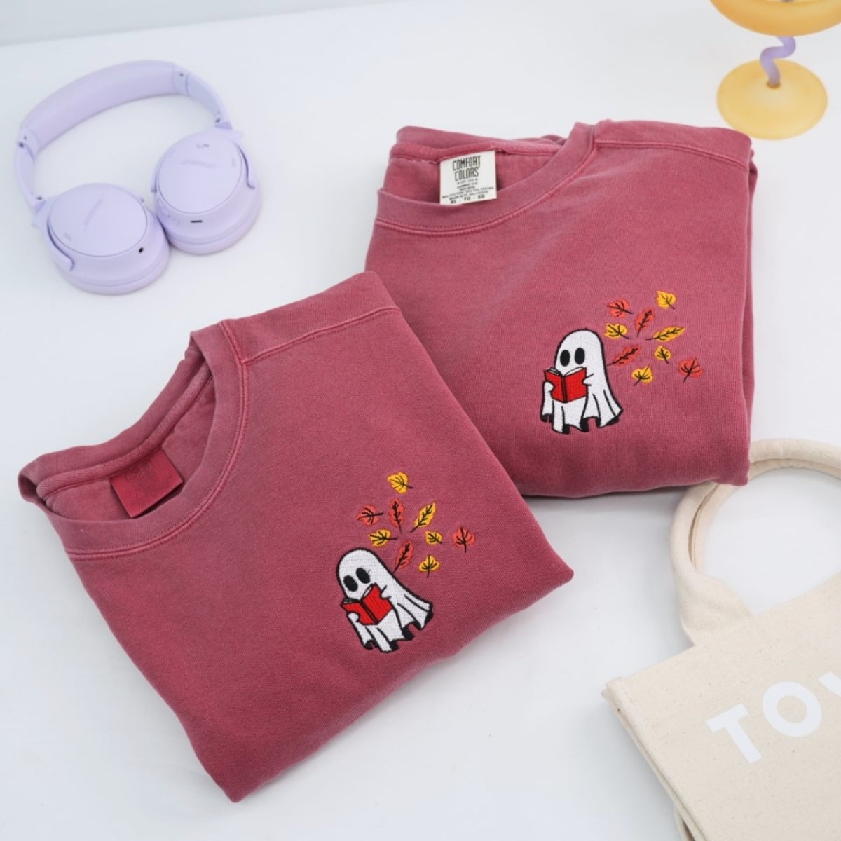 Ghost Reading Book Custom Embroidered Sweatshirt - Halloween Apparel - Book Lover Gift