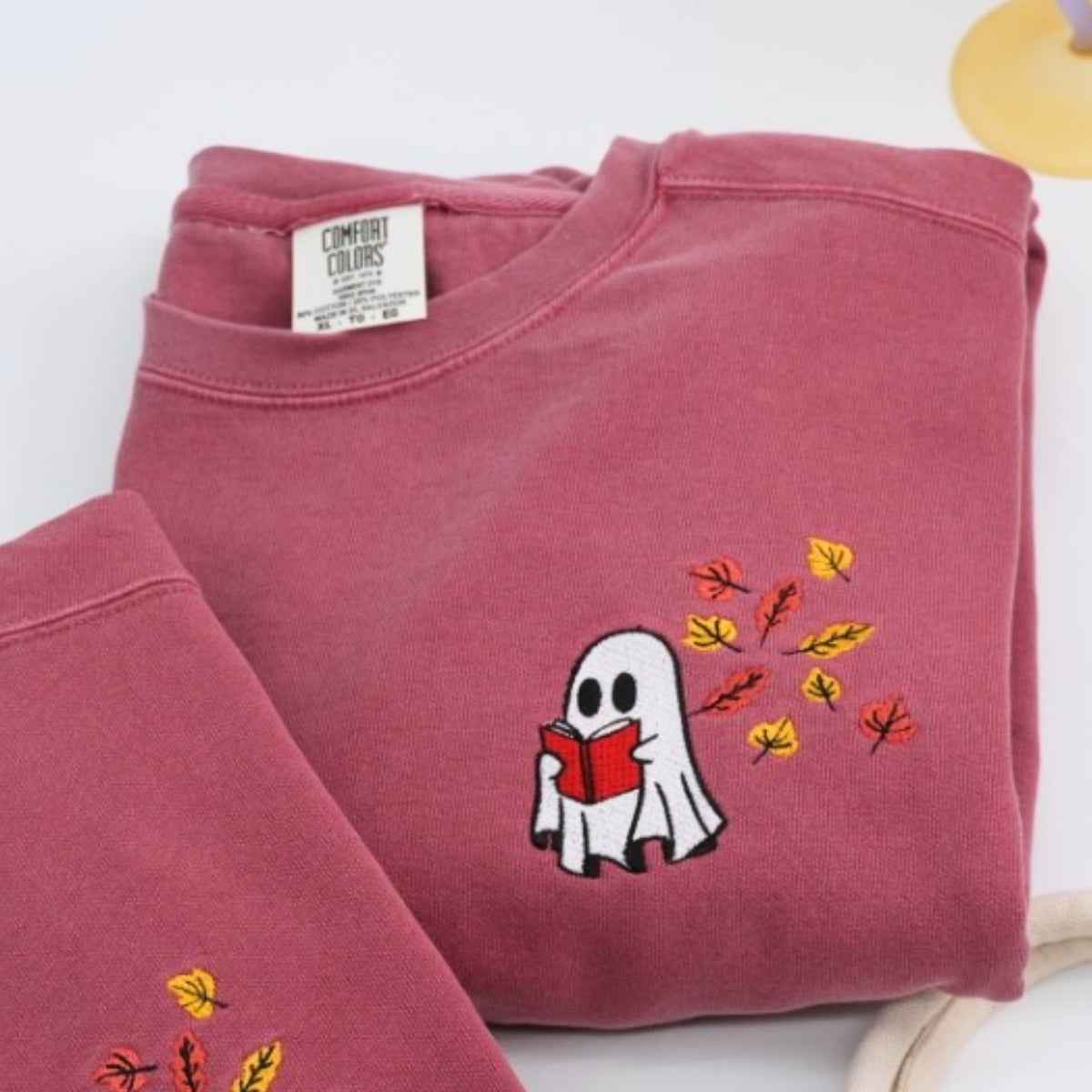 Ghost Reading Book Custom Embroidered Sweatshirt - Halloween Apparel - Book Lover Gift