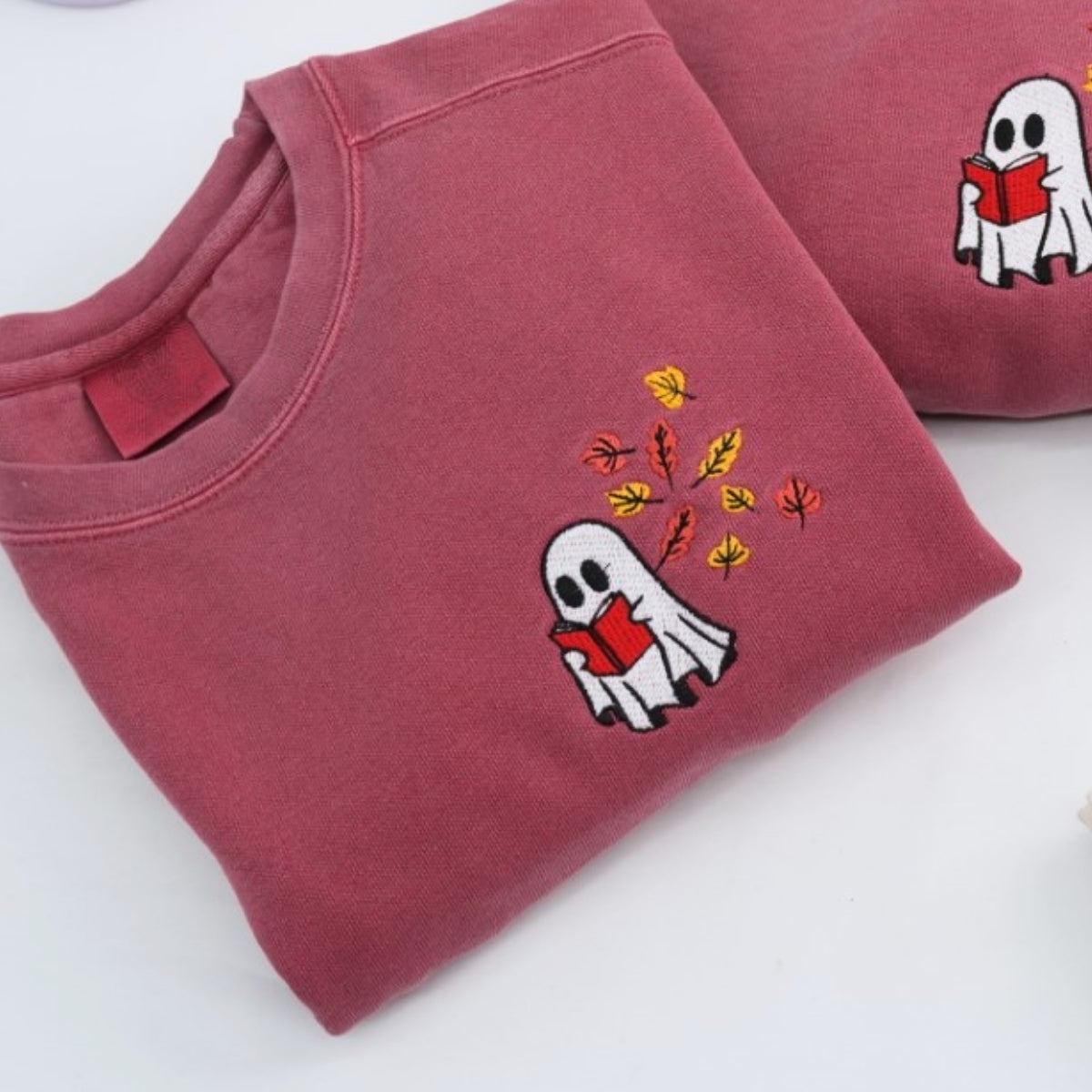 Ghost Reading Book Custom Embroidered Sweatshirt - Halloween Apparel - Book Lover Gift