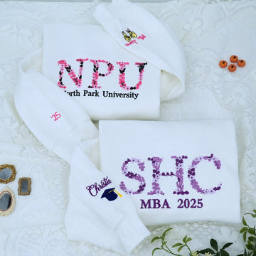 Floral Graduation Custom Embroidered Hoodie - Personalized University Sweatshirt - Graduate Gift