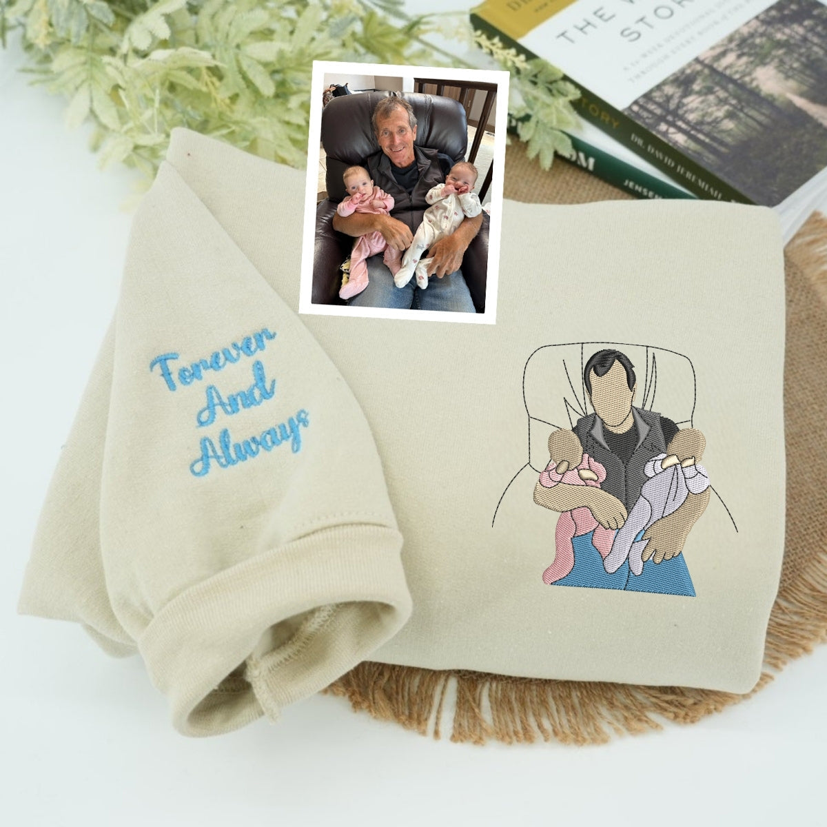 Custom Embroidered Grandfather Photo Hoodie - Personalized Portrait Sweatshirt - Birthday Gift