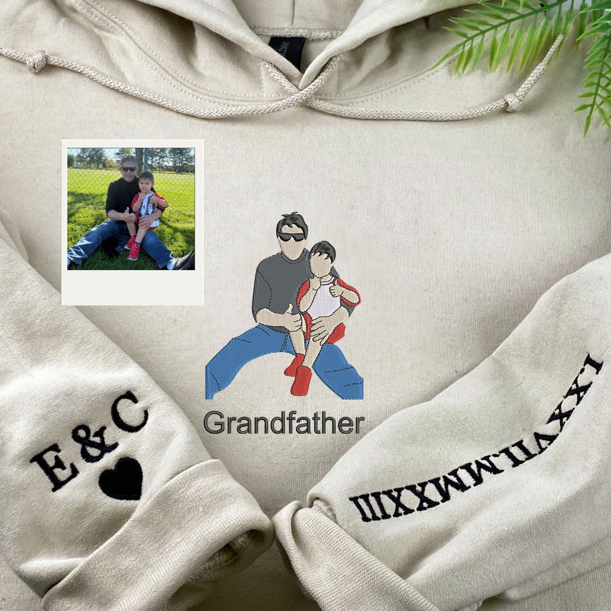 Custom Embroidered Grandfather Photo Hoodie - Personalized Portrait Sweatshirt - Birthday Gift