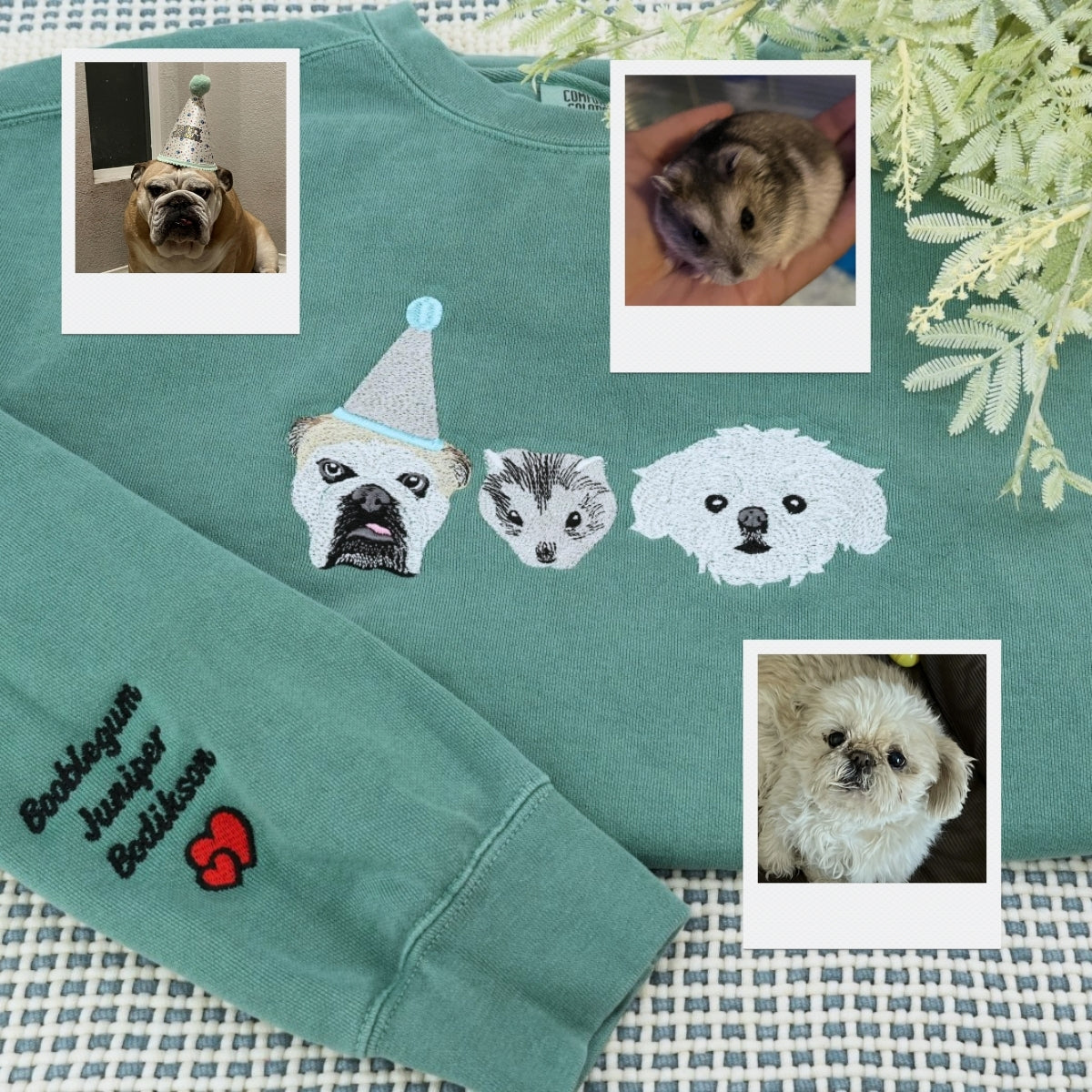 Custom Embroidered Holiday Pet Portrait Hoodie - Personalized Family Christmas Sweatshirt - Pet Love