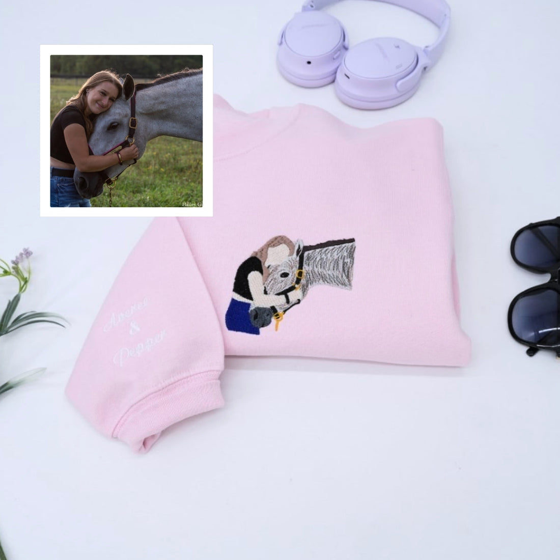 Custom Embroidered Horse Photo Hoodie - Personalized Rider Sweatshirt - Equestrian Gift