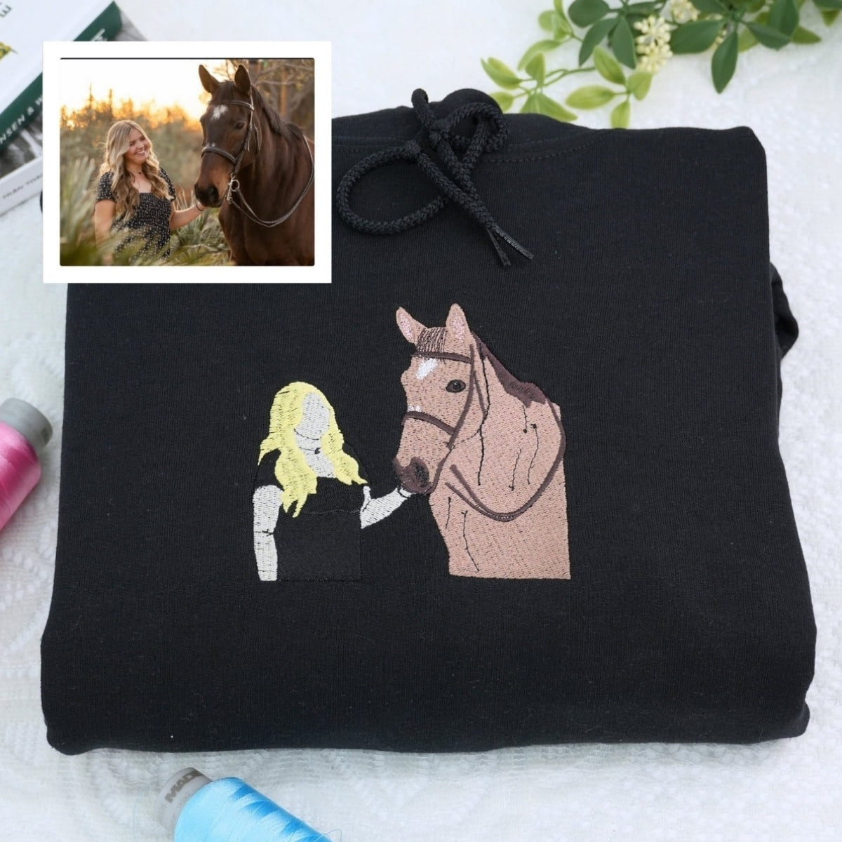 Custom Embroidered Horse Photo Hoodie - Personalized Rider Sweatshirt - Equestrian Gift
