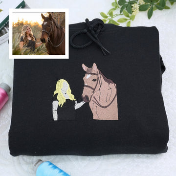 Custom Embroidered Horse Rider Hoodie - Personalized Equestrian Portrait Sweatshirt - Memory Gift