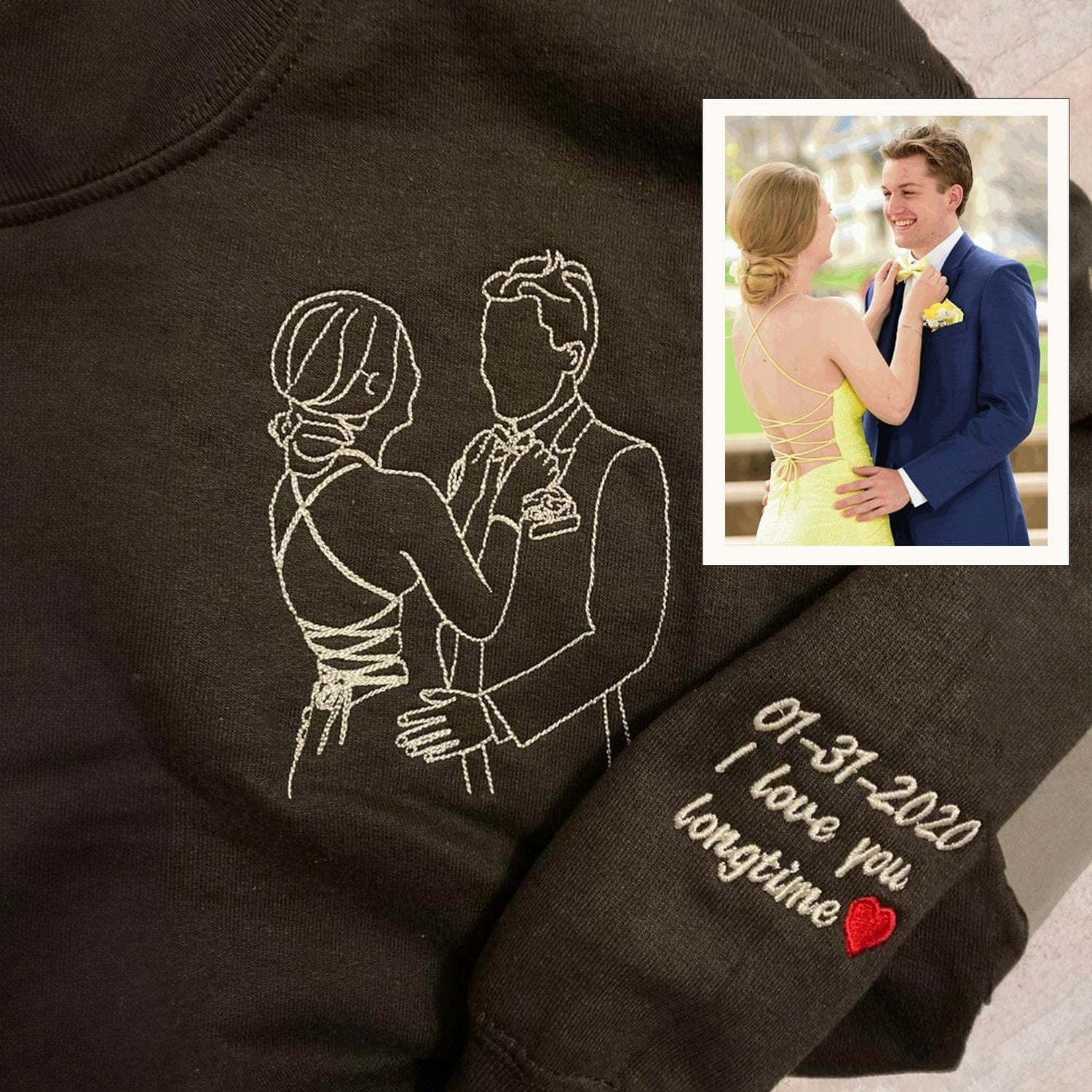 Custom Embroidered Hug Portrait Sweatshirt - Personalized Line Art - Gift for Couples & Friends