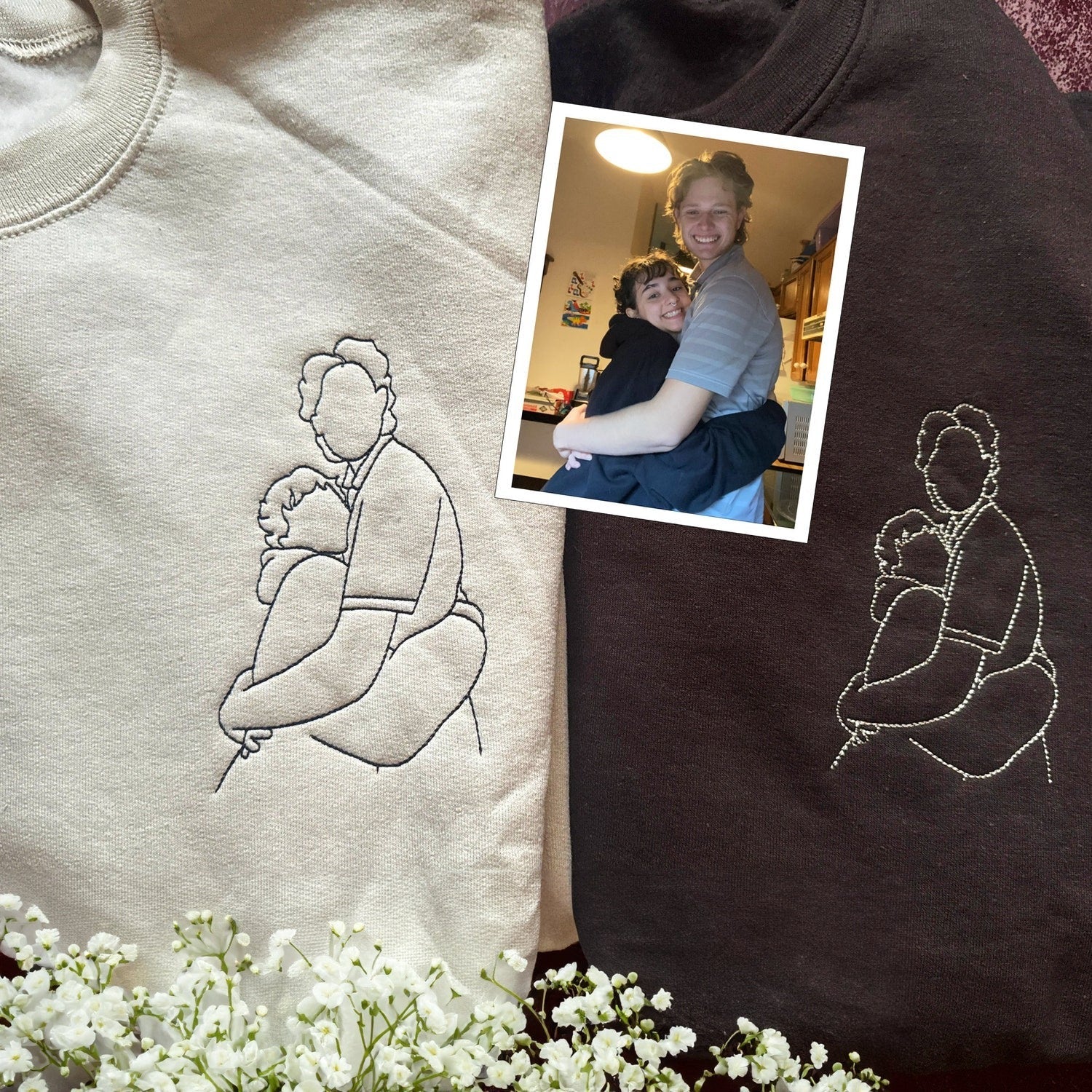 Custom Embroidered Hug Portrait Sweatshirt - Personalized Line Art - Gift for Couples & Friends