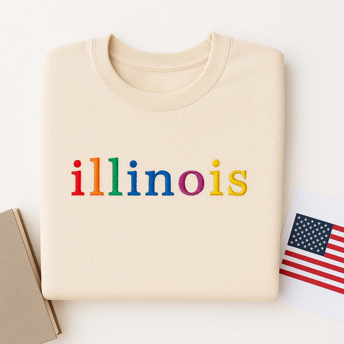 Custom Embroidered Illinois Sweatshirt - Rainbow Letters - Personalized Prairie State Pride Gift