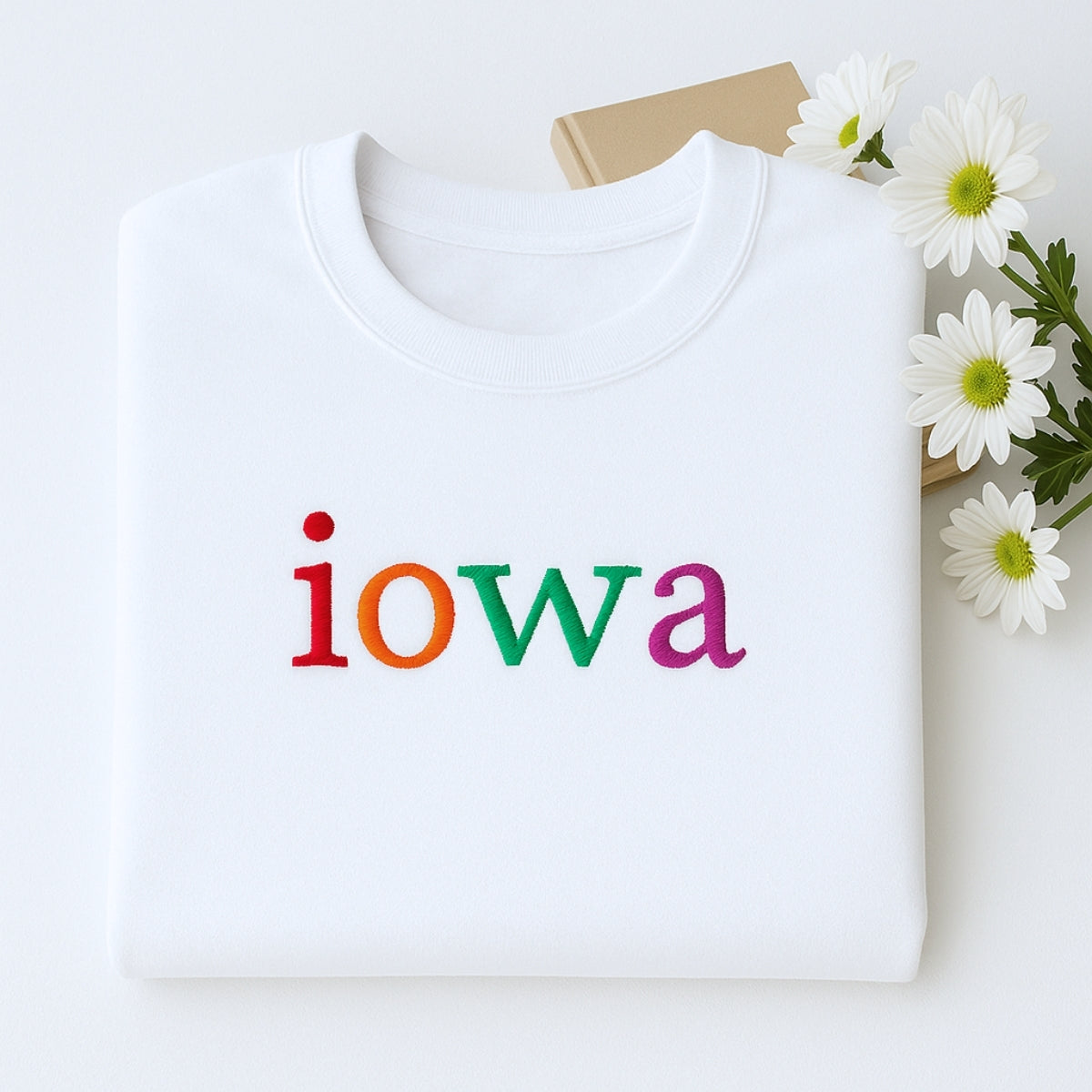 Custom Embroidered Iowa Sweatshirt - Rainbow Letters - Personalized Hawkeye State Pride Gift