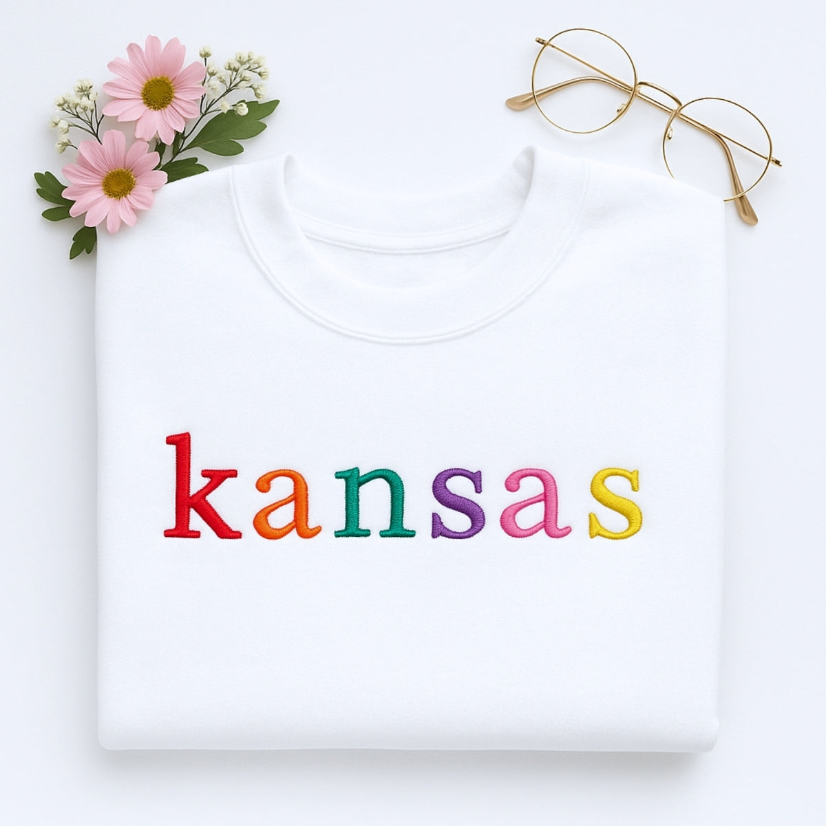 Custom Embroidered Kansas Sweatshirt - Rainbow Letters - Personalized Sunflower State Pride Gift