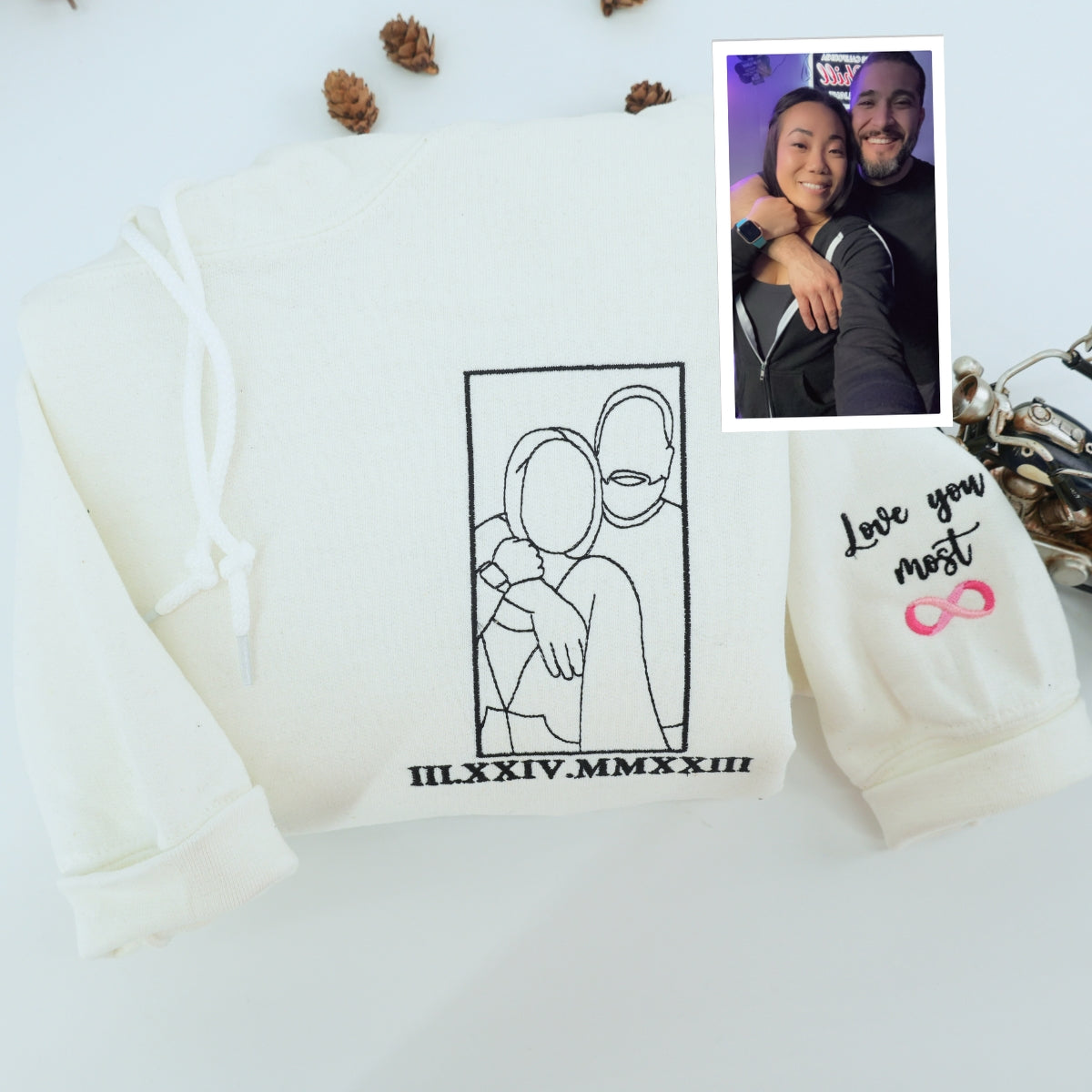Custom Line Art Wedding Portrait Embroidered Sweatshirt - Bride & Groom with Date - Personalized Ann