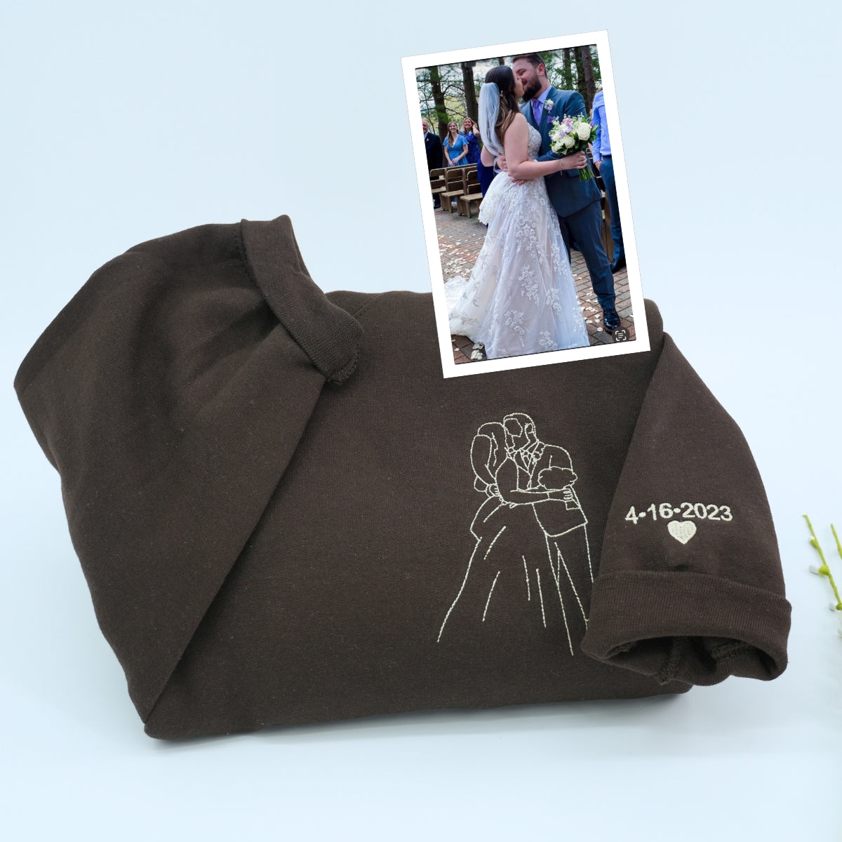 Custom Line Art Wedding Portrait Embroidered Sweatshirt - Bride & Groom with Date - Personalized Ann