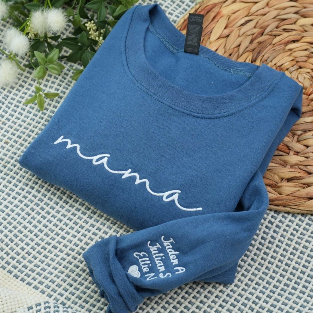 Blue Script Custom Embroidered Hoodie - Personalized Mama Sweatshirt with Kids Names - Gift for Mom