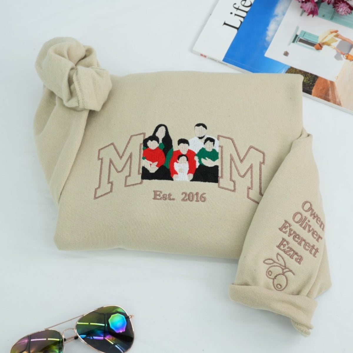 Multi Child Family Custom Embroidered Hoodie - Personalized Mom Sweatshirt with Kids Names - New Mot