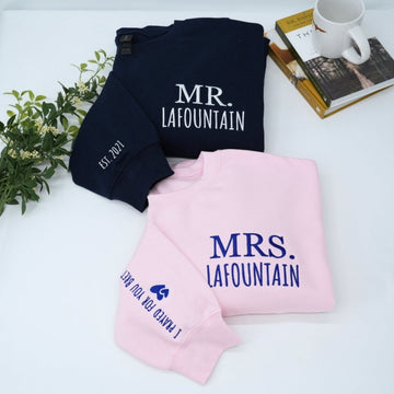 Mr & Mrs Custom Embroidered Sweatshirt - Personalized Last Name - Perfect Couples Gift
