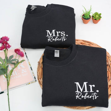 Mr & Mrs Wedding Custom Embroidered Sweatshirt - Personalized Last Name - Wedding Gift