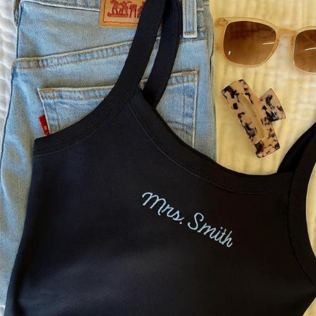 Mrs Custom Embroidered Tank Top - Personalized Wife Tank - Anniversary Valentine's Gift