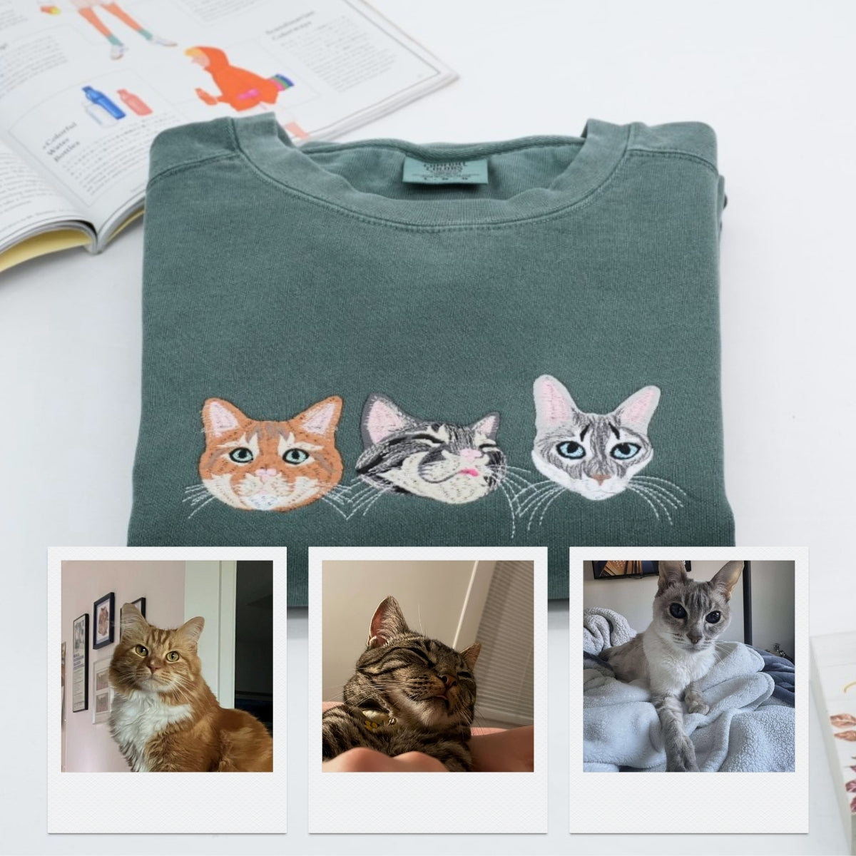 Custom Cat Portrait Embroidered Sweatshirt - Personalized Pet Faces with Names - Cat Owner Gift