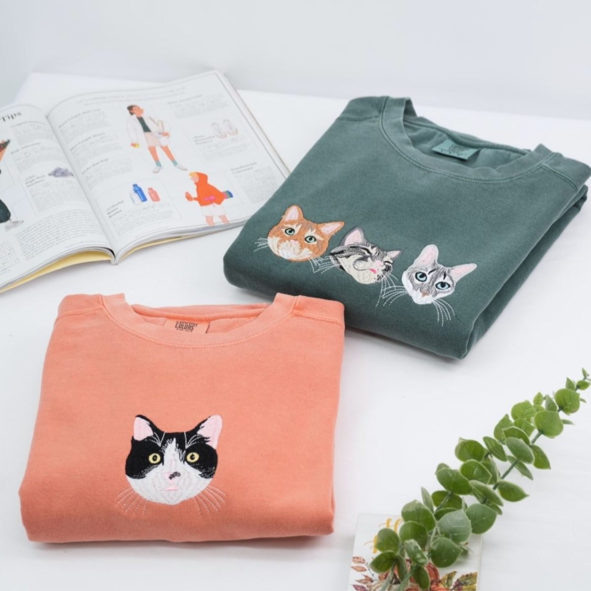 Custom Cat Portrait Embroidered Sweatshirt - Personalized Pet Faces with Names - Cat Owner Gift