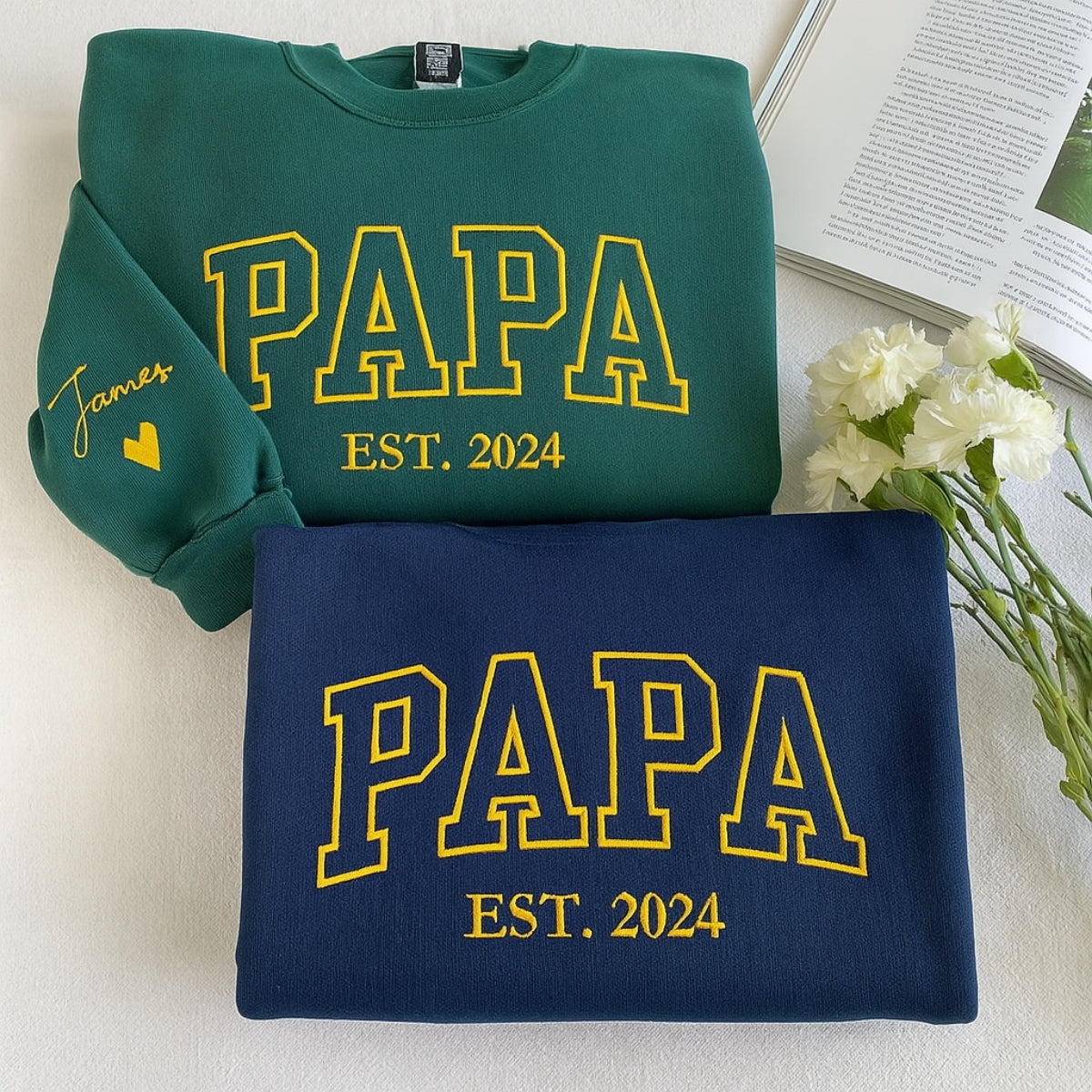 Custom Papa EST Varsity Sweatshirt - Embroidered Grandpa Gift - Personalized Father's Day Present