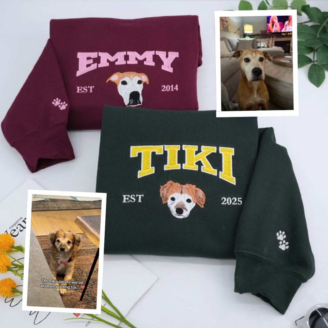 Custom Pet Name Embroidered Sweatshirt - Dog Portrait Varsity Style - Personalized Dog Lover Gift