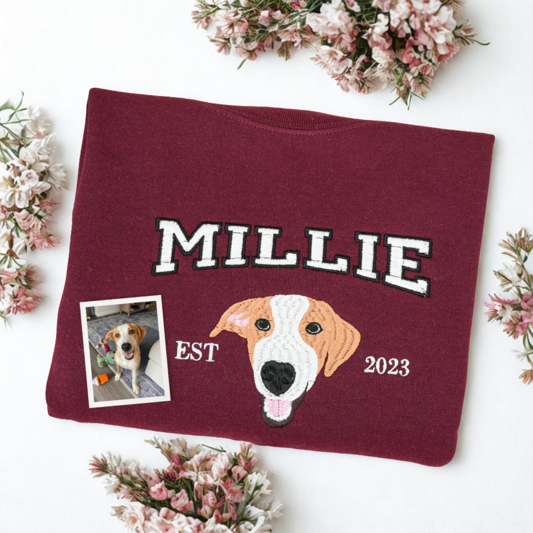 Custom Pet Name Embroidered Sweatshirt - Dog Portrait Varsity Style Sweater - Personalized Dog Lover