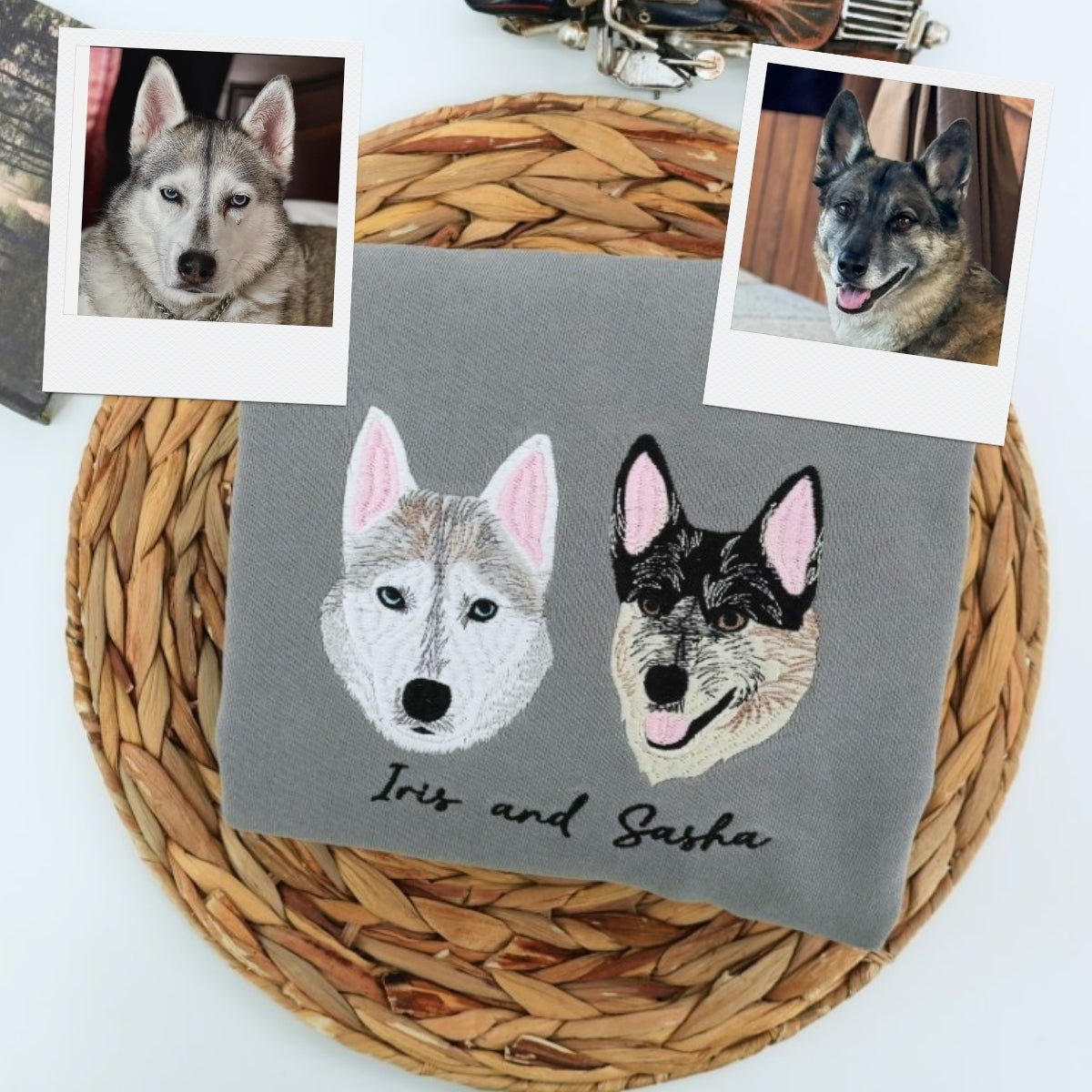 Custom Dog Portrait Embroidered Hoodie - Personalized Pet Memorial Sweatshirt with Names - Dog Lover