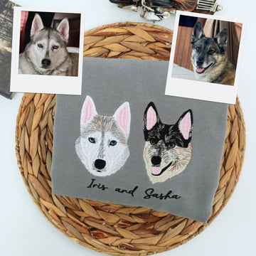 Custom Dog Portrait Embroidered Hoodie - Personalized Pet Memorial Sweatshirt with Names - Dog Lover
