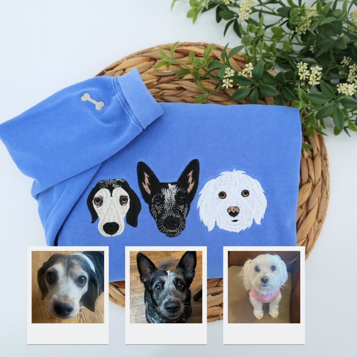 Custom Dog Portrait Embroidered Hoodie - Personalized Pet Memorial Sweatshirt with Names - Dog Lover
